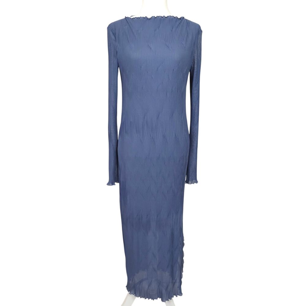 & Other Stories Blue Plissé Mesh Long Sleeve Midi Dress S